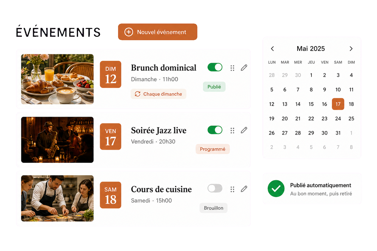 Le gestionnaire d'événements Restosite avec programmation et publication automatique